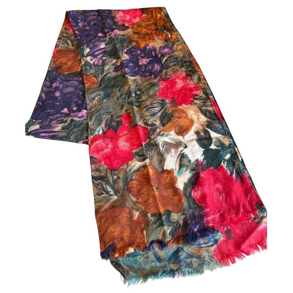 Vintage Brushed Silk Long Rectangular Scarf Floral Print